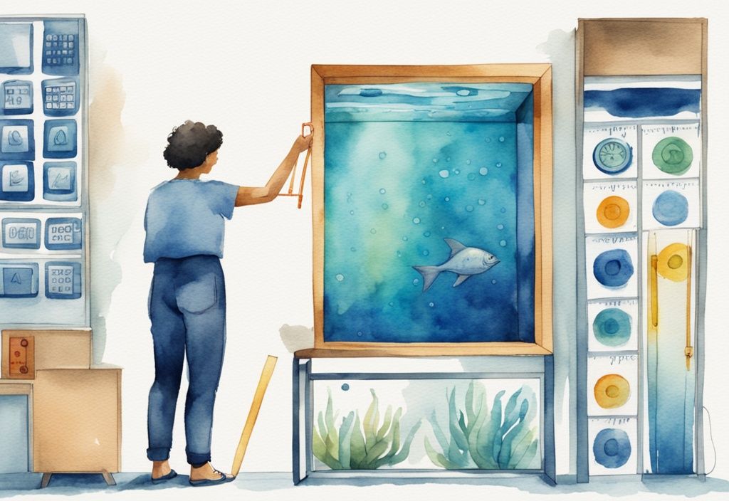 Illustration moderne en aquarelle d'une personne mesurant les dimensions d'un aquarium rectangulaire avec un ruban à mesurer, une calculatrice à côté affichant le volume calculé, comment calculer le litrage d'un aquarium.