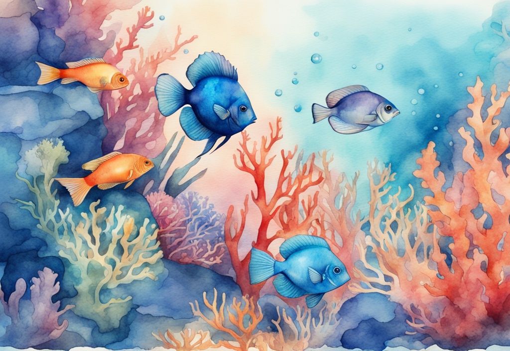 Illustration moderne en aquarelle avec des espèces de poissons d'ornement nageant parmi des coraux colorés dans un aquarium bien éclairé.