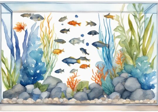 Illustration aquarelle moderne de poissons d'eau douce chaude dans un aquarium de 60l avec plantes aquatiques vives et galets.