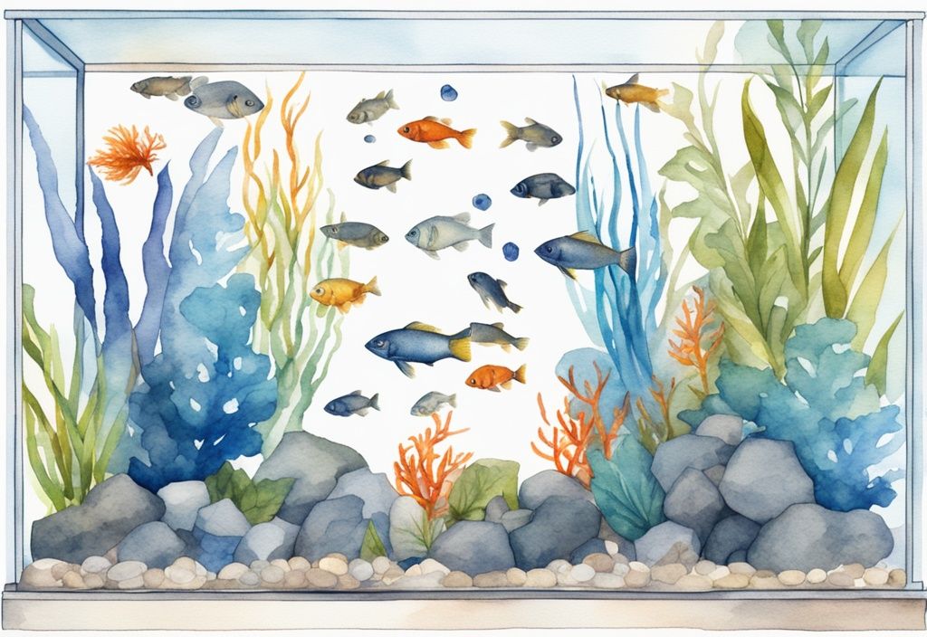 Illustration aquarelle moderne de poissons d'eau douce chaude dans un aquarium de 60l avec plantes aquatiques vives et galets.