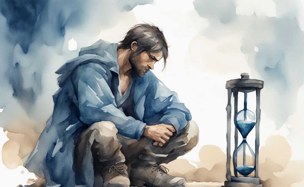 Illustration moderne en aquarelle bleue d'un combattant robuste et tonique, symbolisant la force et l'endurance, assis en contemplation solitaire avec un sablier à ses côtés, représentant implicitement la durée de vie d'un combattant sans manger.