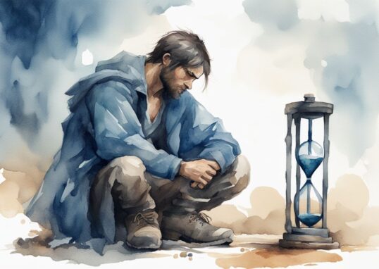 Illustration moderne en aquarelle bleue d'un combattant robuste et tonique, symbolisant la force et l'endurance, assis en contemplation solitaire avec un sablier à ses côtés, représentant implicitement la durée de vie d'un combattant sans manger.