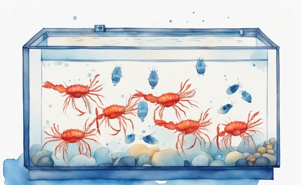 Illustration moderne d'un aquarium de 30 litres avec des crevettes colorées et des panneaux numérotés indiquant combien de crevette dans un aquarium de 30 litres.