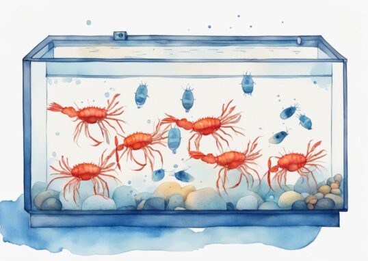 Illustration moderne d'un aquarium de 30 litres avec des crevettes colorées et des panneaux numérotés indiquant combien de crevette dans un aquarium de 30 litres.