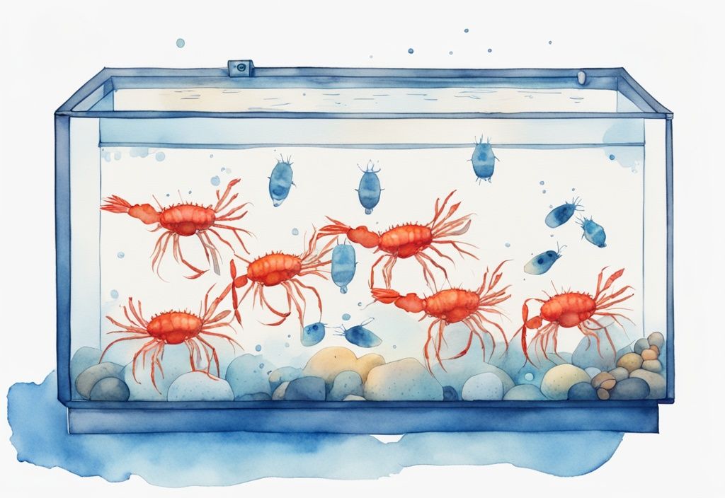 Illustration moderne d'un aquarium de 30 litres avec des crevettes colorées et des panneaux numérotés indiquant combien de crevette dans un aquarium de 30 litres.