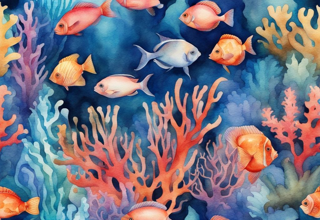 Illustration moderne d'aquarelle avec les plus beaux poissons d'aquarium nageant parmi des coraux détaillés, thème bleu vibrant et coloré.