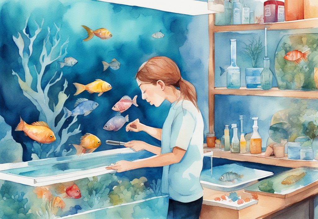 Illustration moderne en aquarelle montrant comment baisser le pH aquarium avec une personne ajoutant un agent de réduction de pH dans un aquarium coloré rempli de poissons.