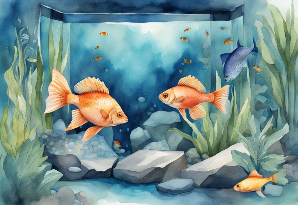 Illustration moderne en aquarelle de poissons d'eau douce colorés nageant dans un aquarium de 60l bien entretenu avec plantes aquatiques et roches décoratives, thème bleu.