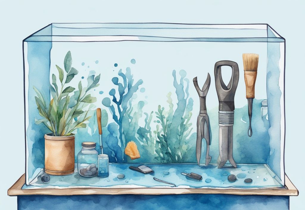 Illustration moderne en aquarelle montrant différentes étapes du nettoyage d'un aquarium vide avec des brosses et des éponges, verre impeccable et eau propre prête à remplir le réservoir.