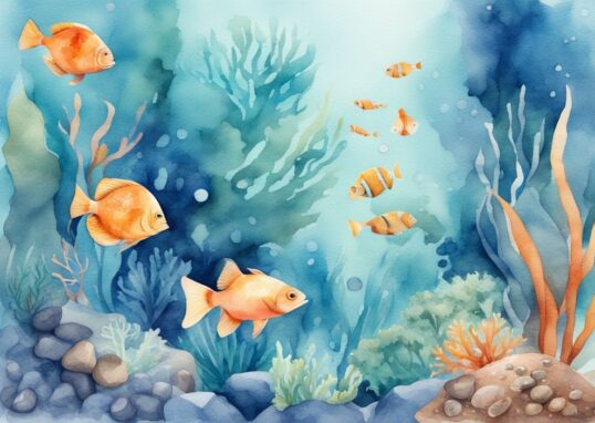 Illustration moderne en aquarelle d'un monde sous-marin luxuriant avec une plante filtrante aquarium au centre, entourée de poissons colorés, de galets lisses et de trésors cachés.