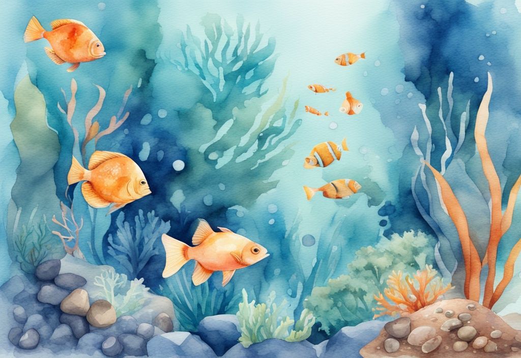 Illustration moderne en aquarelle d'un monde sous-marin luxuriant avec une plante filtrante aquarium au centre, entourée de poissons colorés, de galets lisses et de trésors cachés.