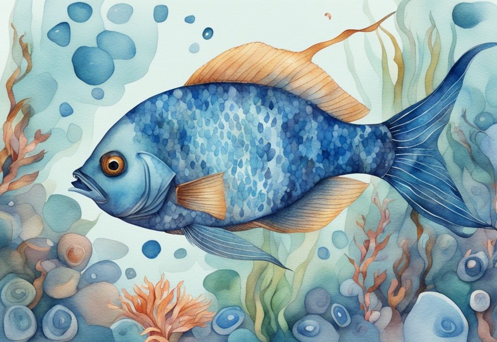 Illustration moderne en aquarelle d'un poisson bleu vibrant dans un aquarium décoré, entouré de galets colorés et de plantes aquatiques.