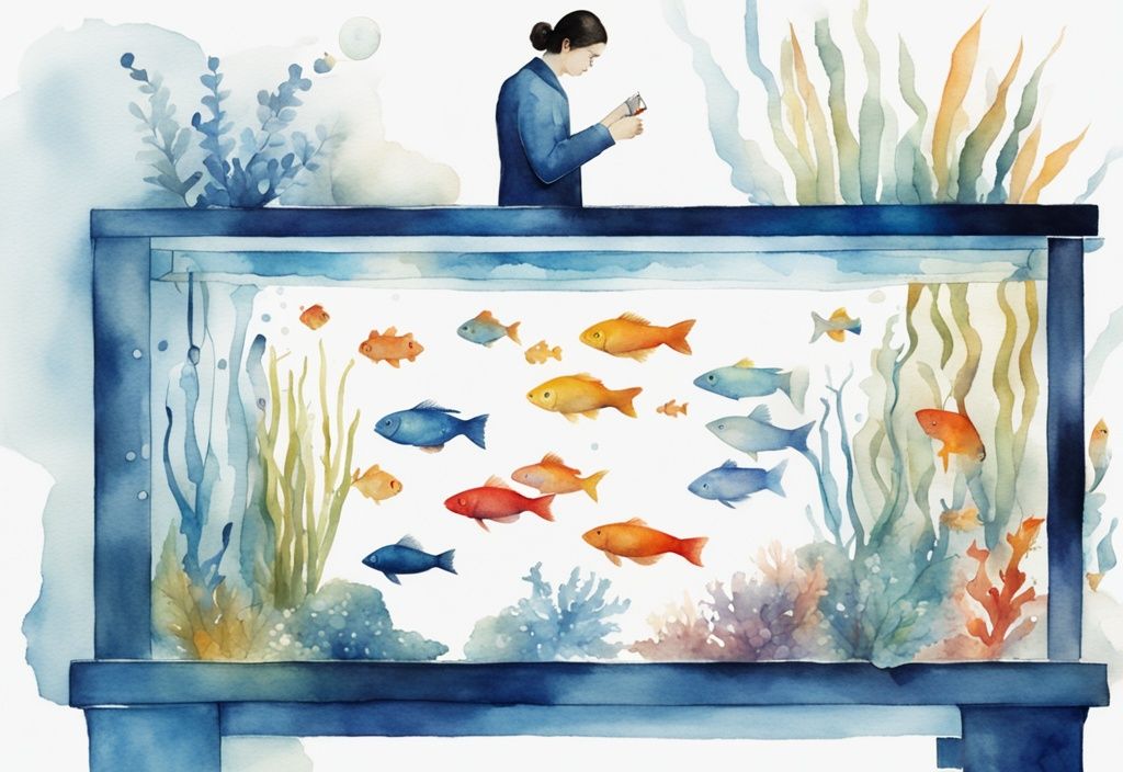 Illustration moderne en aquarelle d'une personne mesurant un aquarium rectangulaire rempli de poissons colorés, avec une formule de calcul du volume superposée.