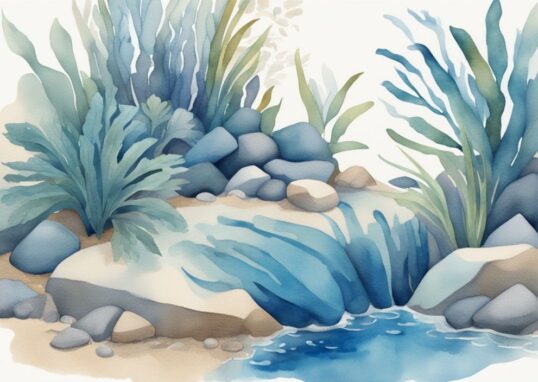 Illustration moderne d'aquarelle bleue avec des plantes flottantes aquarium vibrant au-dessus de l'eau cristalline, projetant des ombres sur les rochers et le sable en dessous.