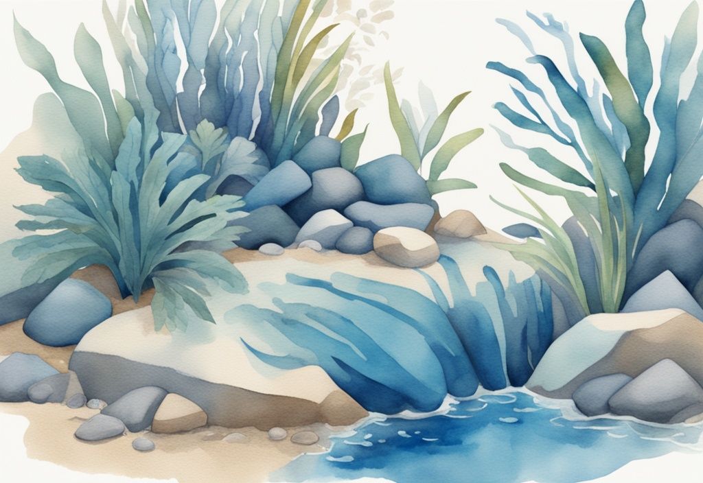 Illustration moderne d'aquarelle bleue avec des plantes flottantes aquarium vibrant au-dessus de l'eau cristalline, projetant des ombres sur les rochers et le sable en dessous.