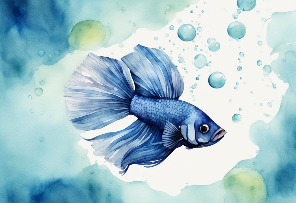 Illustration moderne en aquarelle d'un poisson Betta vibrant sous l'eau avec des bulles sortant de sa bouche, thème principal bleu.