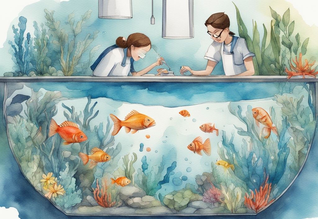 Illustration moderne en aquarelle d'un aquarium avec des plantes aquatiques vibrantes et des poissons colorés, montrant comment installer un bulleur dans un aquarium avec des mains visibles.