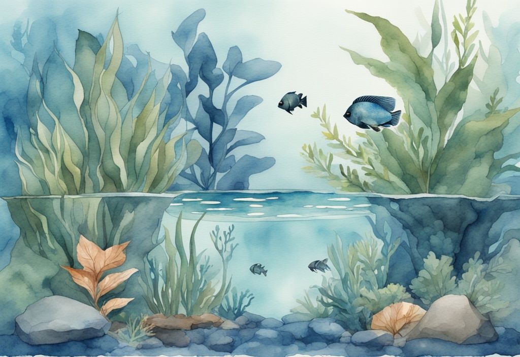 Illustration moderne en aquarelle d'un aquarium d'eau douce à faible entretien avec des plantes faciles à entretenir, thème de couleur bleu.