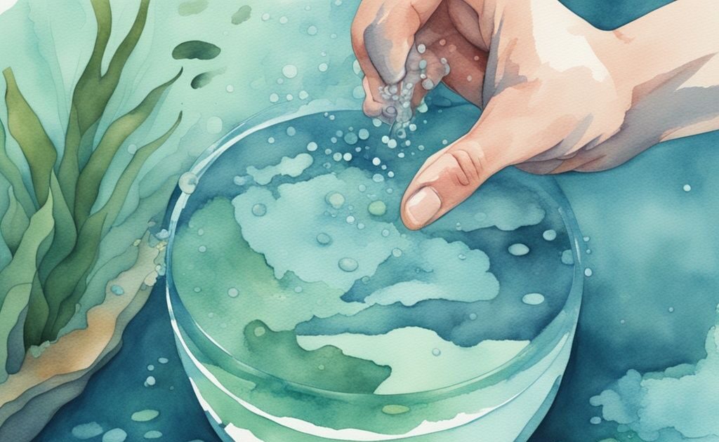 Illustration aquarelle moderne, main versant du sel dans un aquarium eau verte mettre du sel.