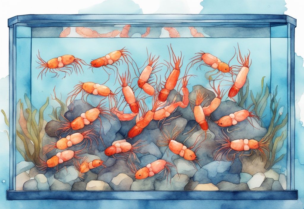 Illustration aquarelle moderne d'un aquarium de 30 litres avec des crevettes colorées et des panneaux numérotés indiquant combien de crevette dans un aquarium de 30 litres.