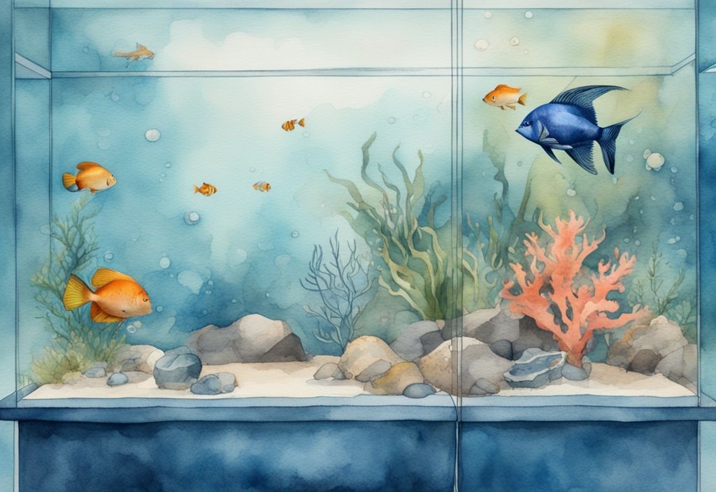 Illustration moderne en aquarelle bleue d'un aquarium avec vie aquatique vibrante, une pompe sur le côté et un sablier au premier plan, soulignant combien de temps un aquarium peut rester sans pompe.