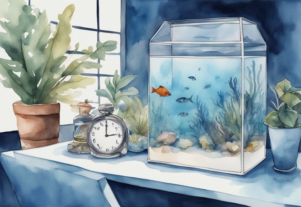 Illustration moderne en aquarelle bleu d'un aquarium avec un sac de charbon actif et une horloge indiquant le passage du temps.