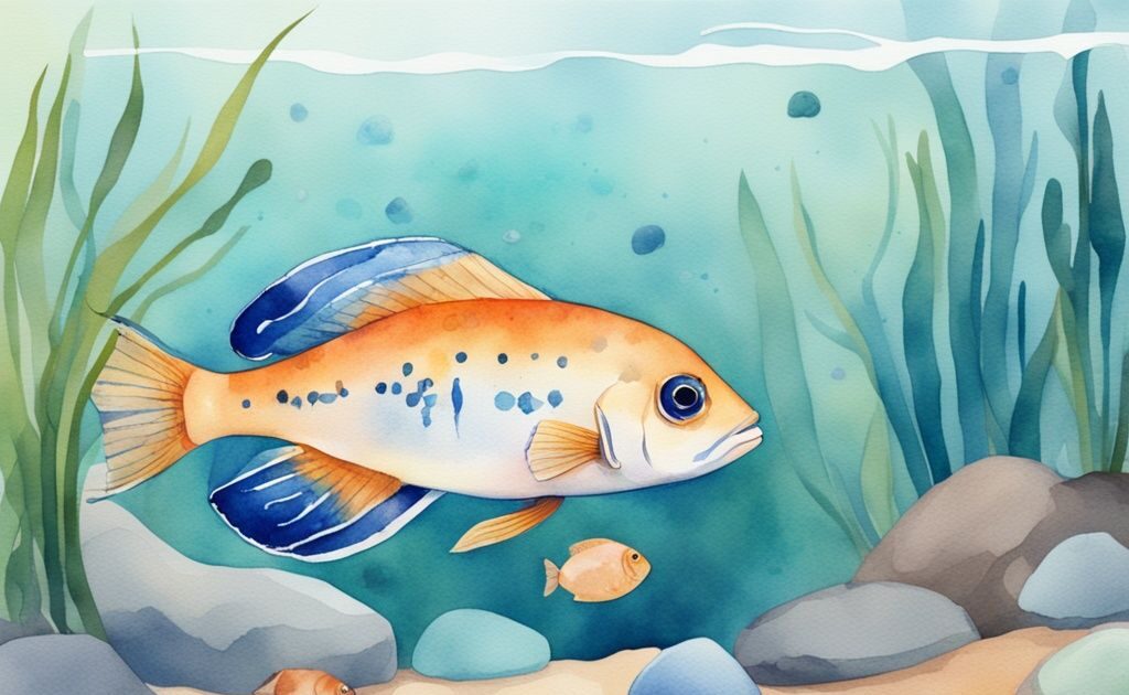 Illustration moderne en aquarelle d'un poisson plat aquarium eau douce flottant près du fond sablonneux, entouré de plantes aquatiques vibrantes et de galets colorés.