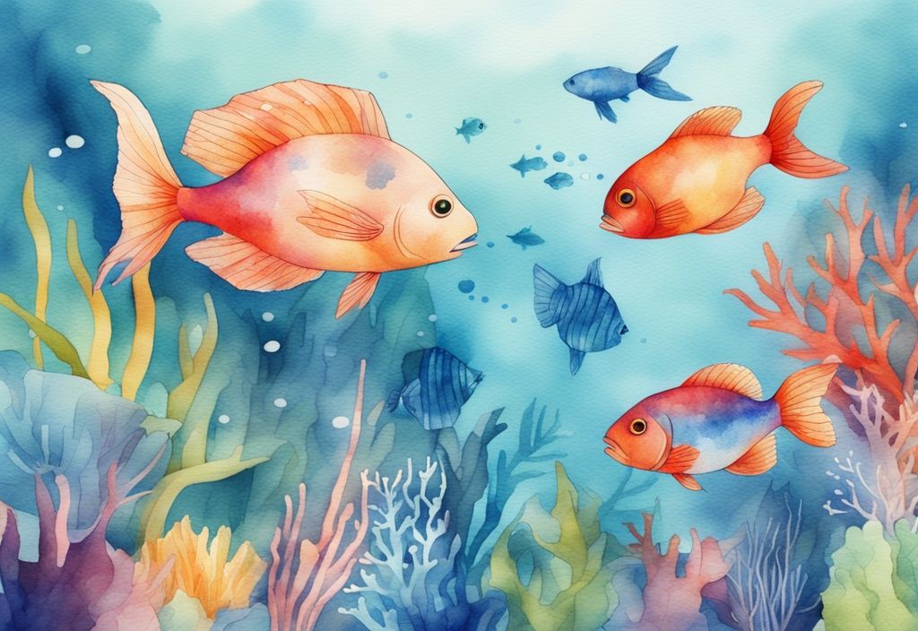 Illustration aquarelle moderne d'une scène sous-marine avec des plantes d'aquarium vibrantes et un système de filtration élégant, entourée de poissons colorés.