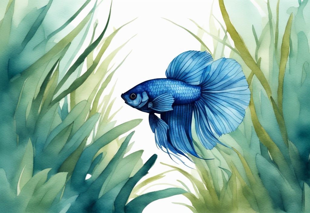 Illustration moderne en aquarelle d'un poisson Betta coloré nageant parmi des plantes aquatiques luxuriantes dans un aquarium minimaliste et épuré.