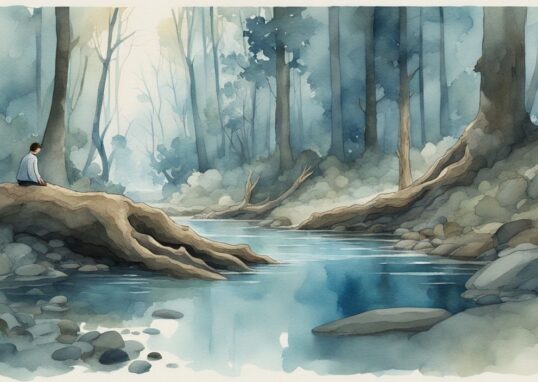 Illustration aquarelle moderne bleue d'une forêt paisible avec une personne examinant une racine texturée près d'un ruisseau, ou trouver des racine pour aquarium dans la nature.