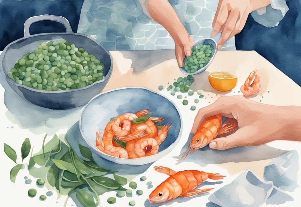 Illustration aquarelle moderne de mains préparant un mélange de pois, épinards et crevettes pour nourriture maison de poissons rouges, thème bleu.