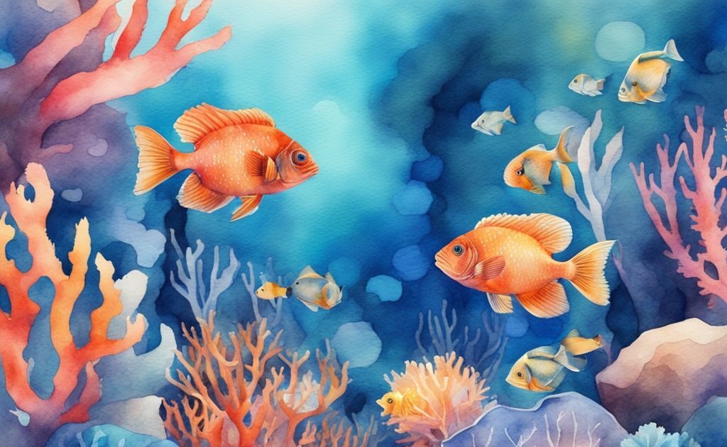 Illustration moderne en aquarelle de diverses espèces de poissons d'ornement nageant parmi des coraux colorés dans un aquarium bien éclairé.