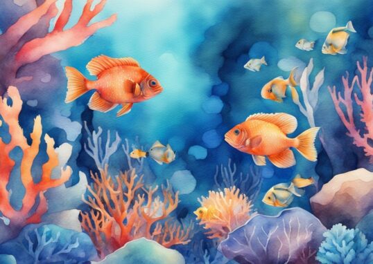 Illustration moderne en aquarelle de diverses espèces de poissons d'ornement nageant parmi des coraux colorés dans un aquarium bien éclairé.