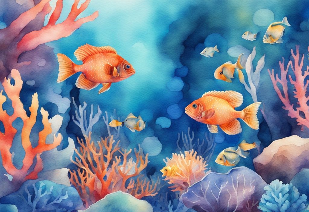 Illustration moderne en aquarelle de diverses espèces de poissons d'ornement nageant parmi des coraux colorés dans un aquarium bien éclairé.