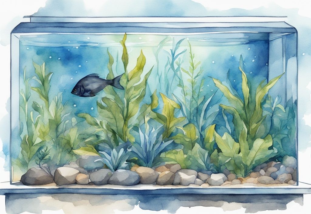 Illustration moderne en aquarelle montrant des plantes d'aquarium faciles à entretenir, florissant dans un aquarium propre et bien éclairé, avec un thème de couleur bleu.