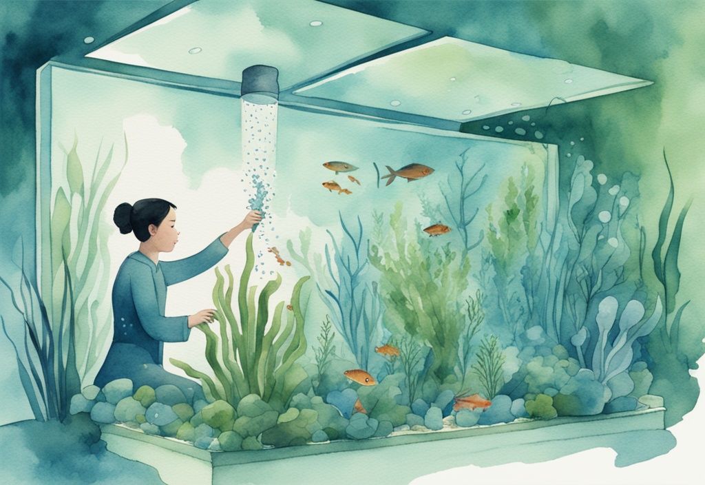 Illustration moderne en aquarelle bleue d'une personne saupoudrant du sel dans un aquarium vert avec des poissons et des plantes aquatiques.