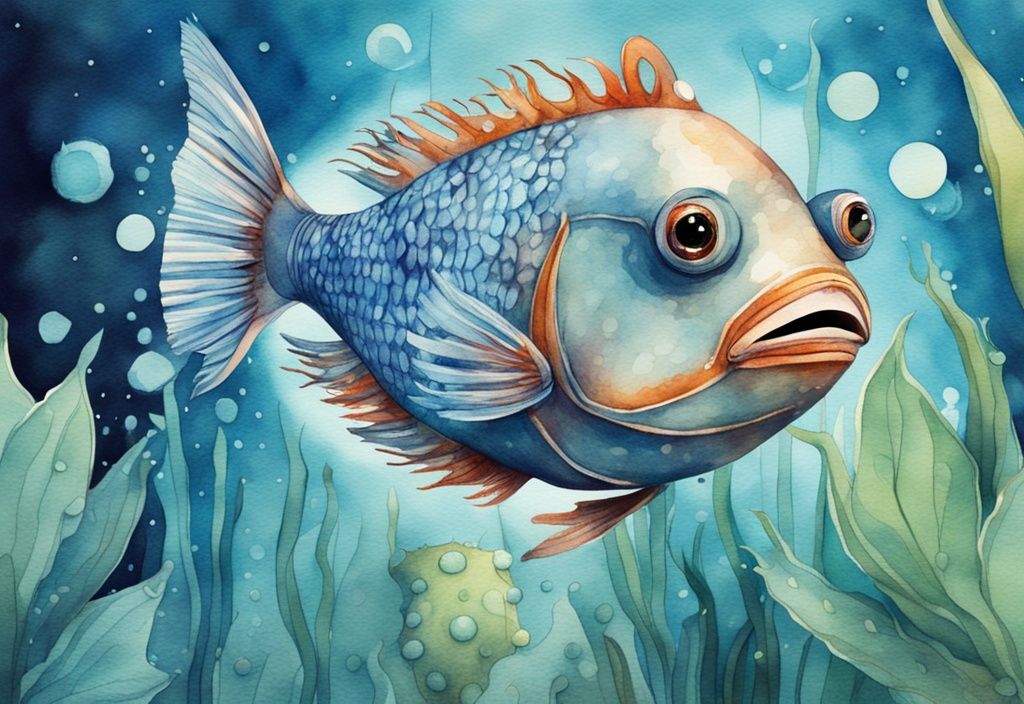 Illustration aquarelle moderne d'un poisson étrange avec des yeux globuleux et des nageoires épineuses dans un aquarium en verre, entouré de plantes aquatiques vibrantes et de bulles doucement éclairées.