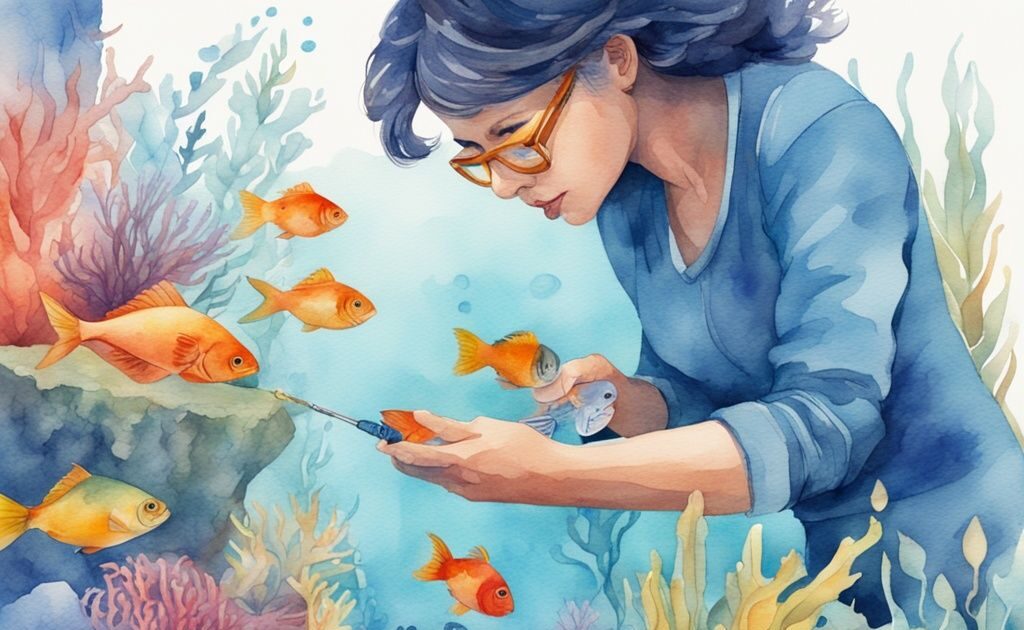 Illustration moderne en aquarelle montrant comment baisser le pH aquarium, avec une personne ajoutant un agent de réduction de pH dans un aquarium coloré et vibrant rempli de poissons.