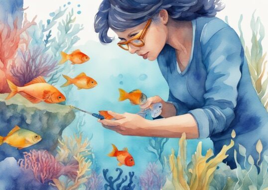 Illustration moderne en aquarelle montrant comment baisser le pH aquarium, avec une personne ajoutant un agent de réduction de pH dans un aquarium coloré et vibrant rempli de poissons.