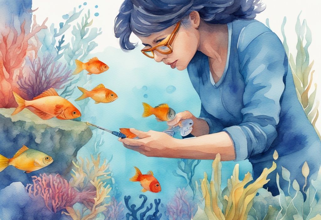 Illustration moderne en aquarelle montrant comment baisser le pH aquarium, avec une personne ajoutant un agent de réduction de pH dans un aquarium coloré et vibrant rempli de poissons.