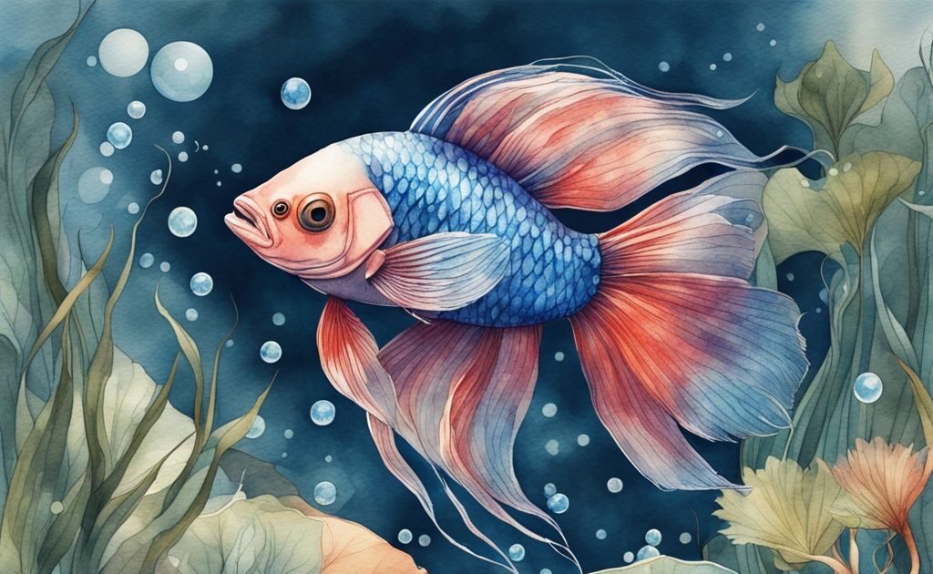 Illustration moderne d'un poisson combattant bleu créant un nid de bulle scintillant parmi des plantes aquatiques.