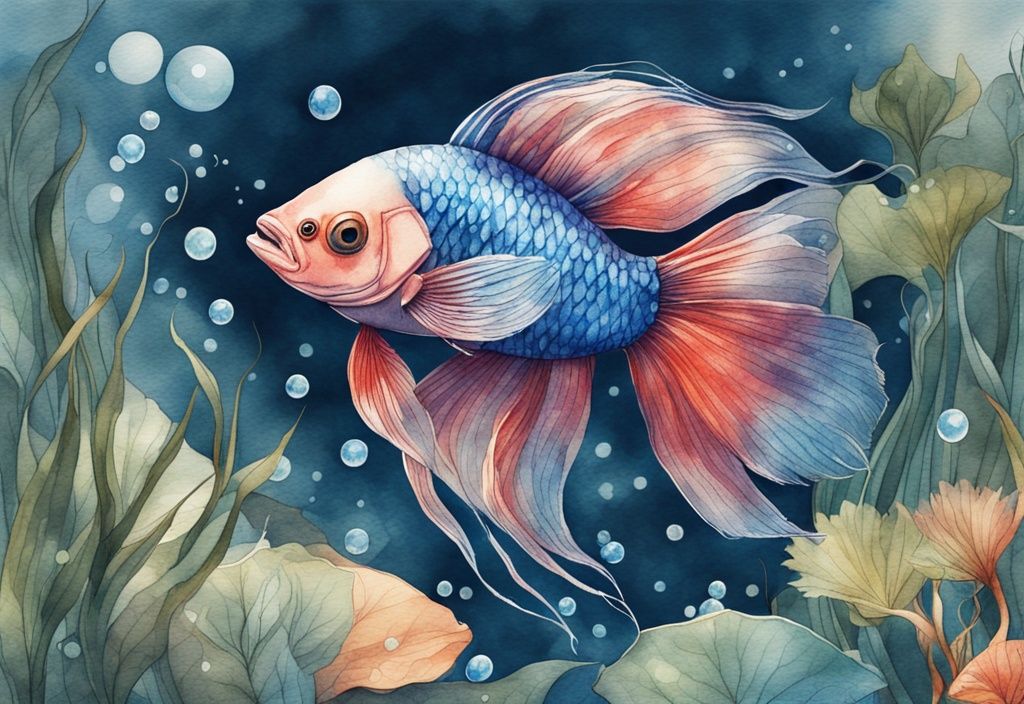 Illustration moderne d'un poisson combattant bleu créant un nid de bulle scintillant parmi des plantes aquatiques.