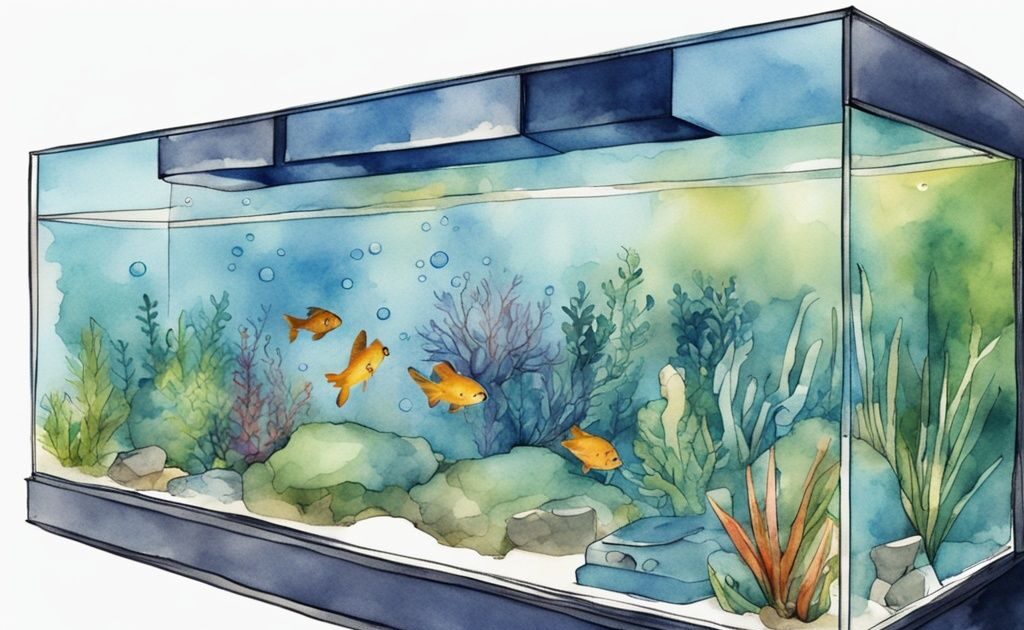 Illustration moderne en aquarelle d'un co2 aquarium maison avec des bulles de CO2, plantes aquatiques diverses et poissons.