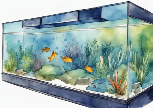 Illustration moderne en aquarelle d'un co2 aquarium maison avec des bulles de CO2, plantes aquatiques diverses et poissons.