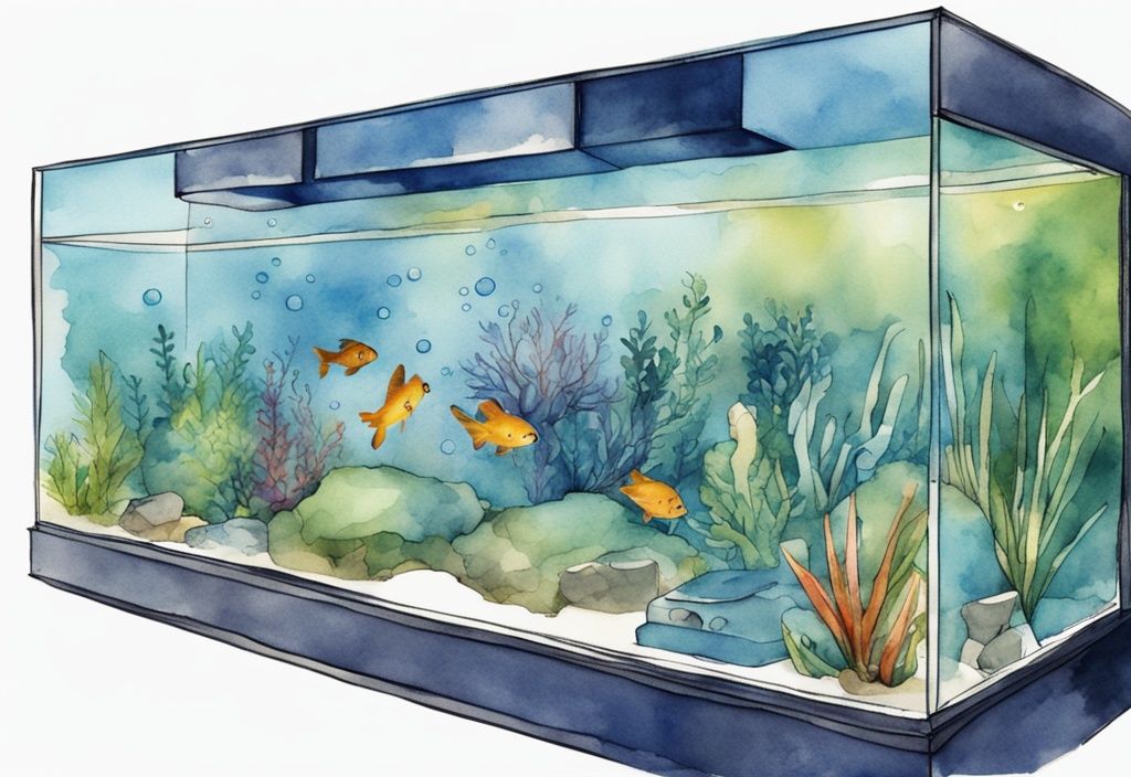 Illustration moderne en aquarelle d'un co2 aquarium maison avec des bulles de CO2, plantes aquatiques diverses et poissons.