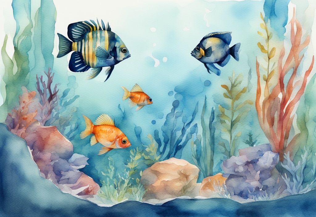 Illustration aquarelle moderne d'un aquarium d'eau douce avec des poissons rares aux couleurs vives dans un décor riche, thème bleu.