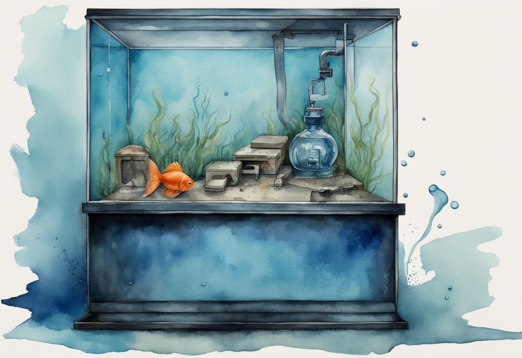 Illustration aquarelle moderne d'un aquarium rempli de vie avec une pompe cassée à l'extérieur, symbolisant la négligence et le contraste entre beauté et délabrement.