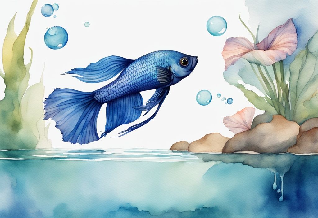 Illustration aquarelle moderne d'un poisson Betta coloré créant un nid de bulles à la surface d'une eau calme et claire, thème principal en bleu.