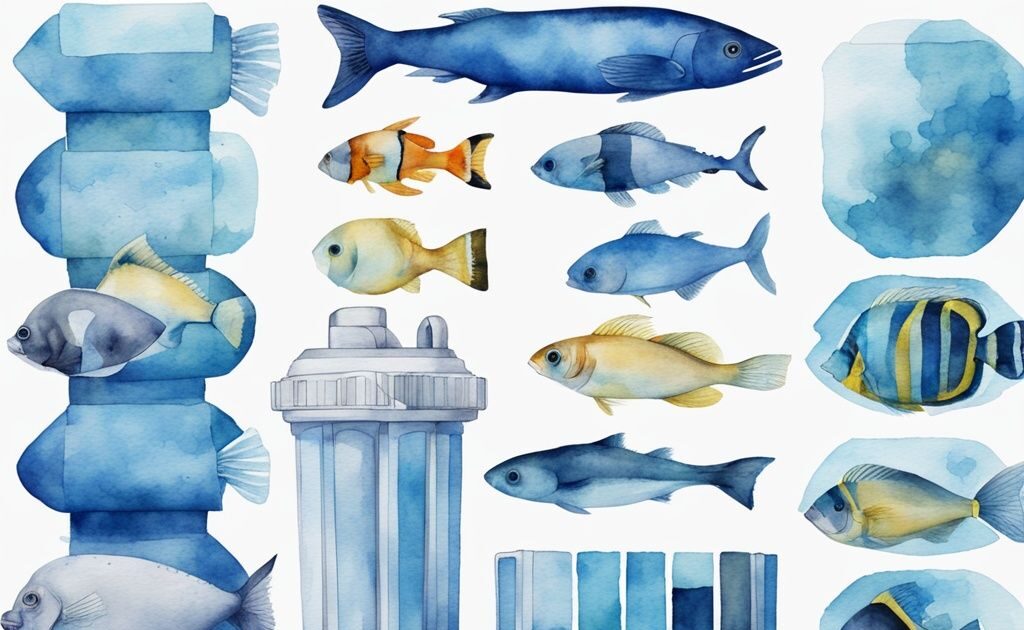 Illustration moderne en aquarelle montrant dans quel ordre mettre les filtres aquarium, avec un thème de couleur bleu et différents types de filtres d'aquarium arrangés séquentiellement.