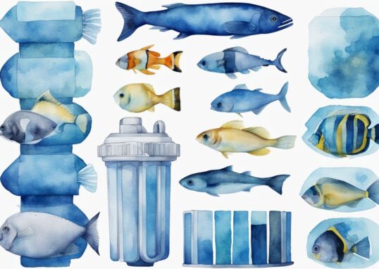 Illustration moderne en aquarelle montrant dans quel ordre mettre les filtres aquarium, avec un thème de couleur bleu et différents types de filtres d'aquarium arrangés séquentiellement.